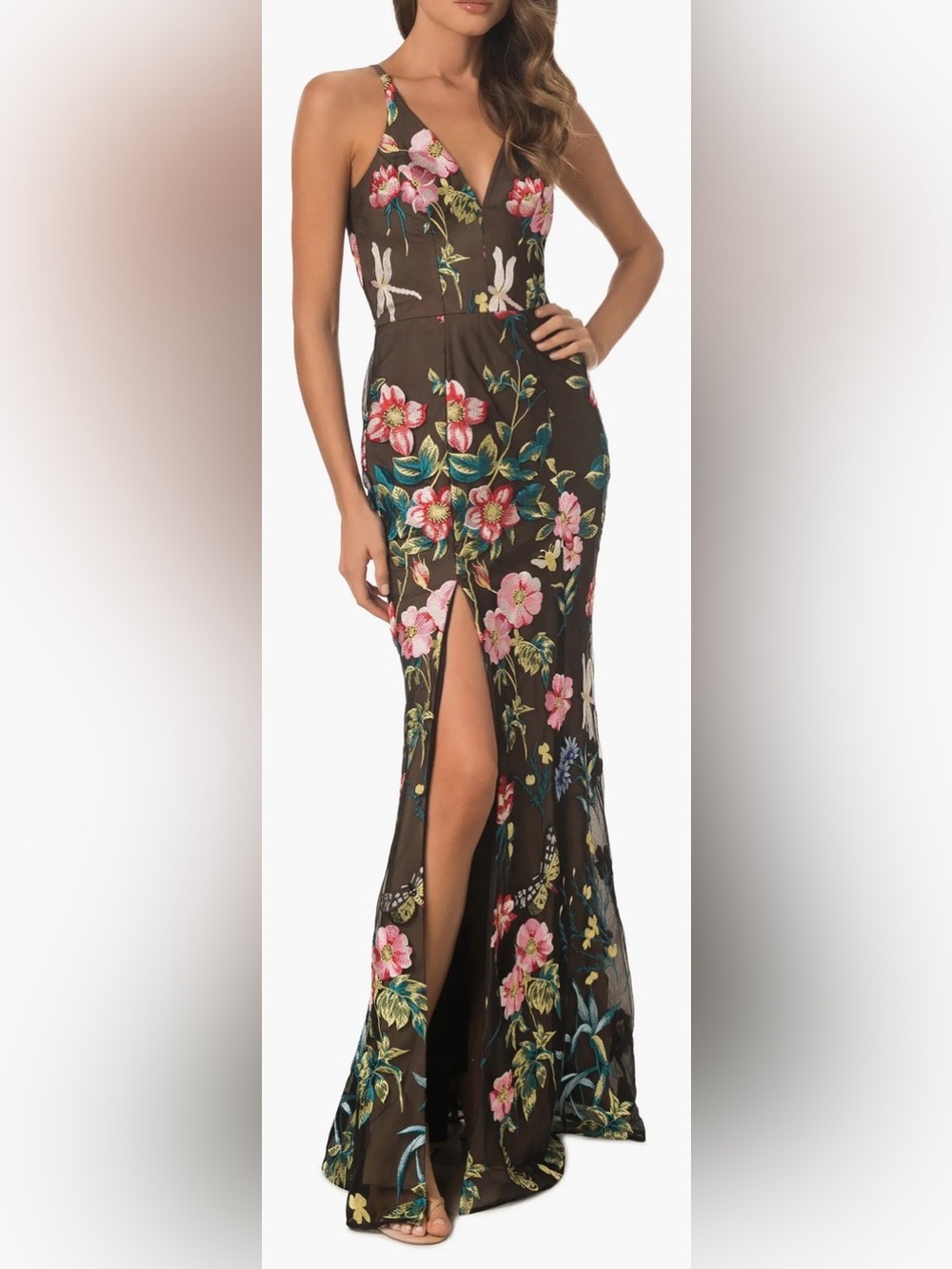 New Dress the Population Brown Floral Maxi Dress with Pink & Teal Blooms